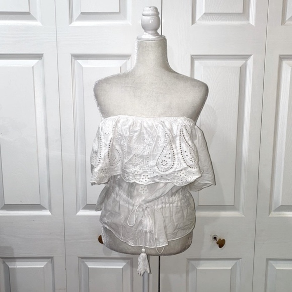 Anel Bandeau White Ruffle Lace Cotton Blouse